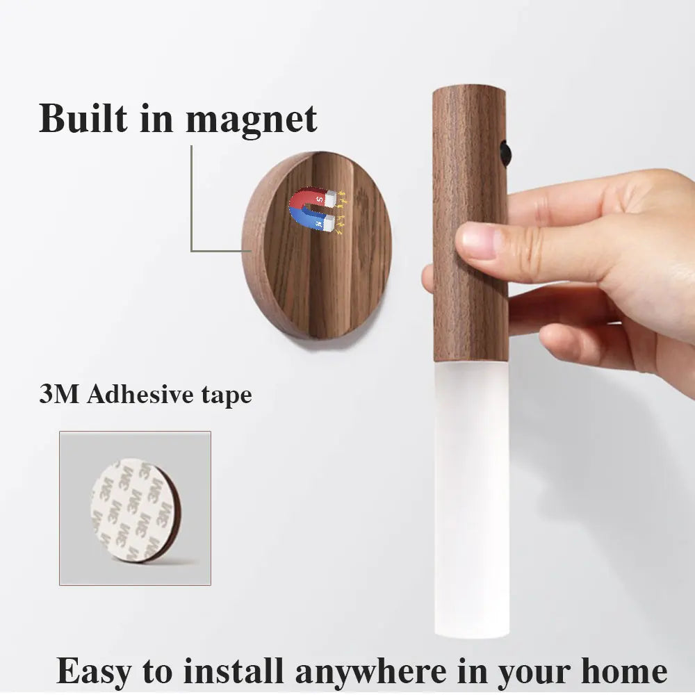 Holz-Fackel-LED USB Nachtlampe – Magnetische Wandleuchte für Küche, Kleiderschrank, Treppe, Schlafzimmer und Nachttischbeleuchtung
