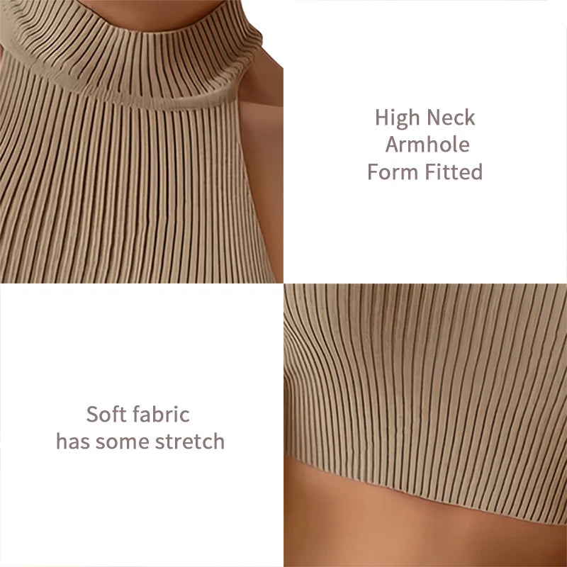 Strick-Haltertops für Frauen – Ärmelloses, enganliegendes Crop-Top im Basic-Stil, mit Slim Fit und hochgeschlossenem Rollkragen. Y2K-inspirierte, gerippte Weste für vielseitige Outfits