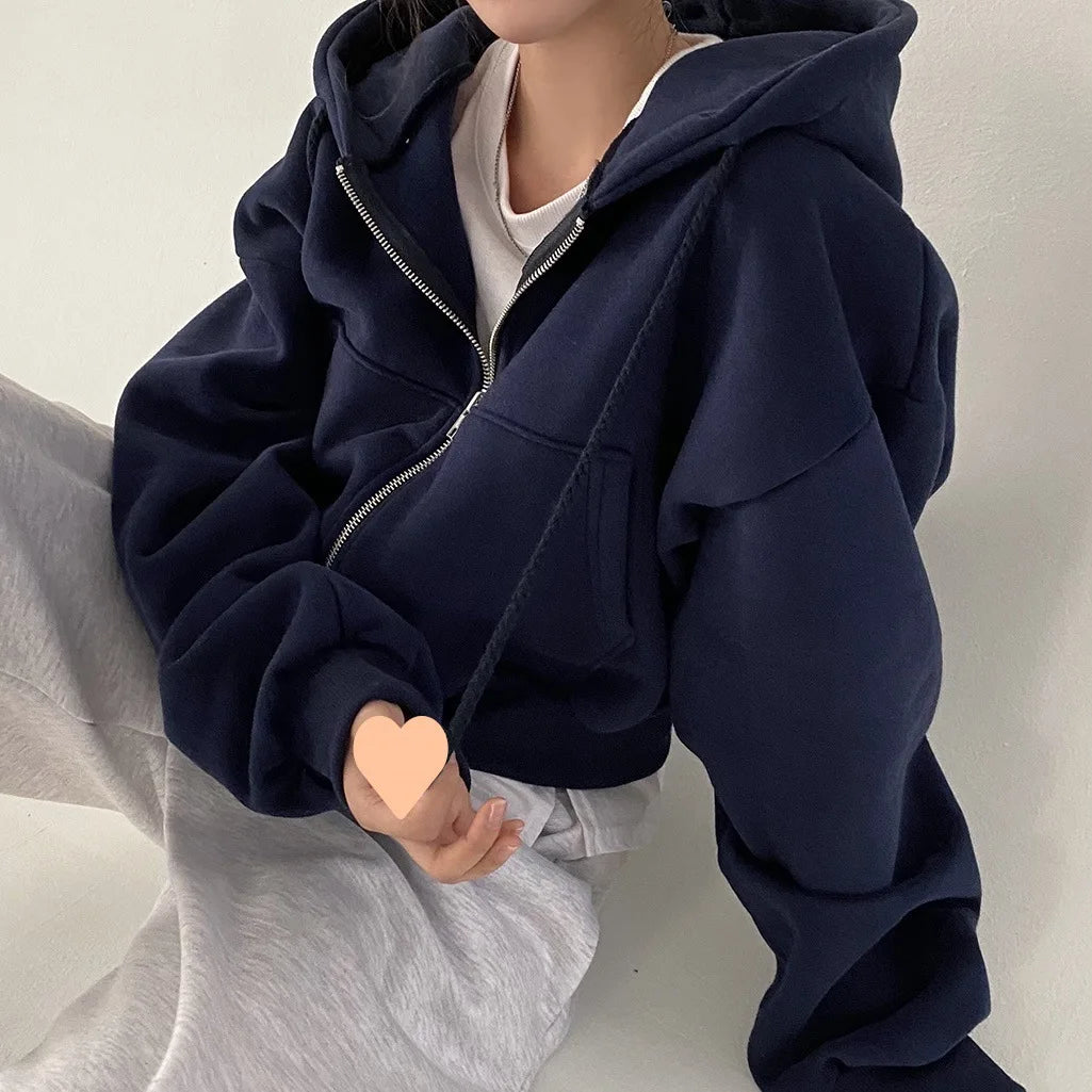 Koreanischer Style: Lässiger Y2K Reißverschluss-Hoodie für Frauen – Einfarbiges, loses Zip-up Sweatshirt