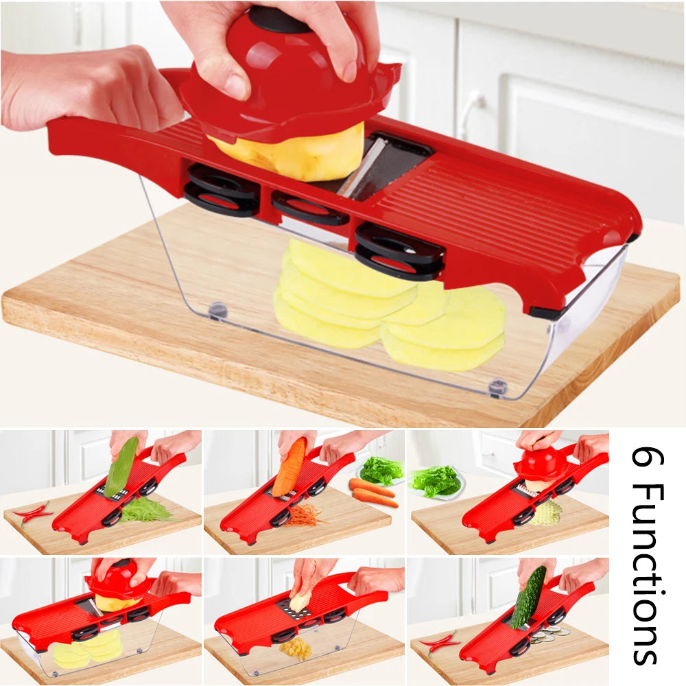 6-in-1 Küchengadget-Set – Mandoline-Slicer, Mehrzweck-Gemüsehobel, Obstschneider und Reibe mit 6 Klingen für müheloses Schneiden und Raspeln