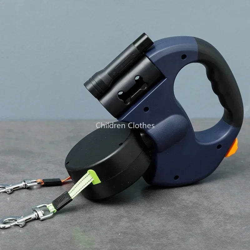 Doppelte Hundeleine mit Licht – Retractable, drehbare Leine für 2 Hunde, tragbar und ideal für sichere Spaziergänge mit LED-Licht