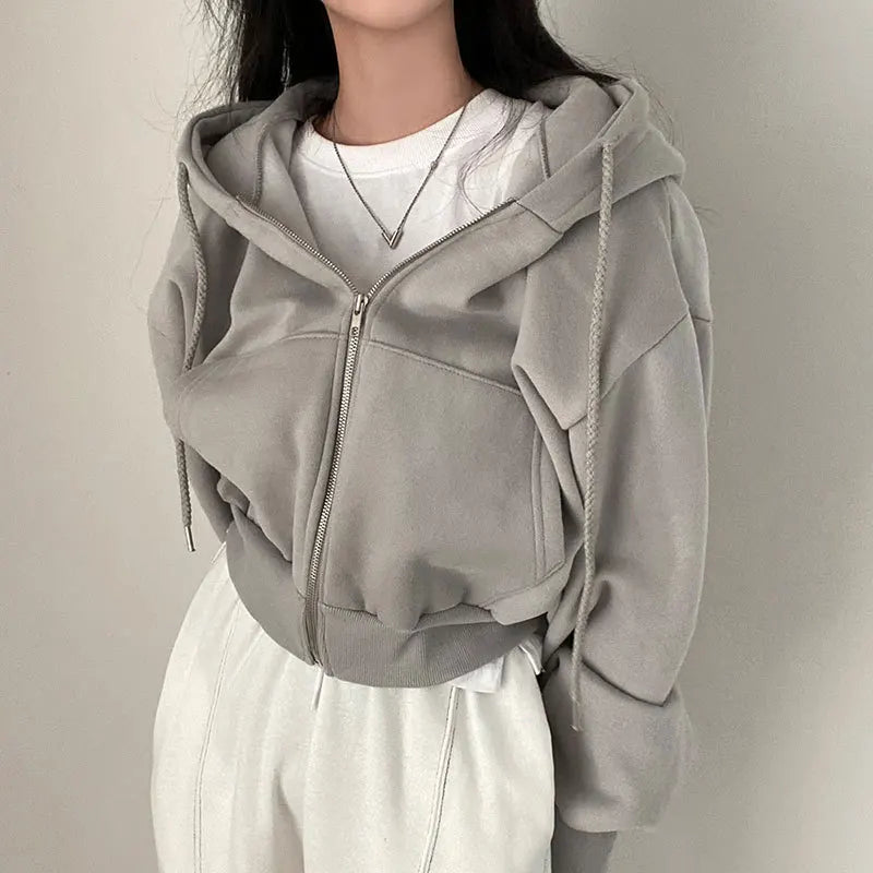 Koreanischer Style: Lässiger Y2K Reißverschluss-Hoodie für Frauen – Einfarbiges, loses Zip-up Sweatshirt