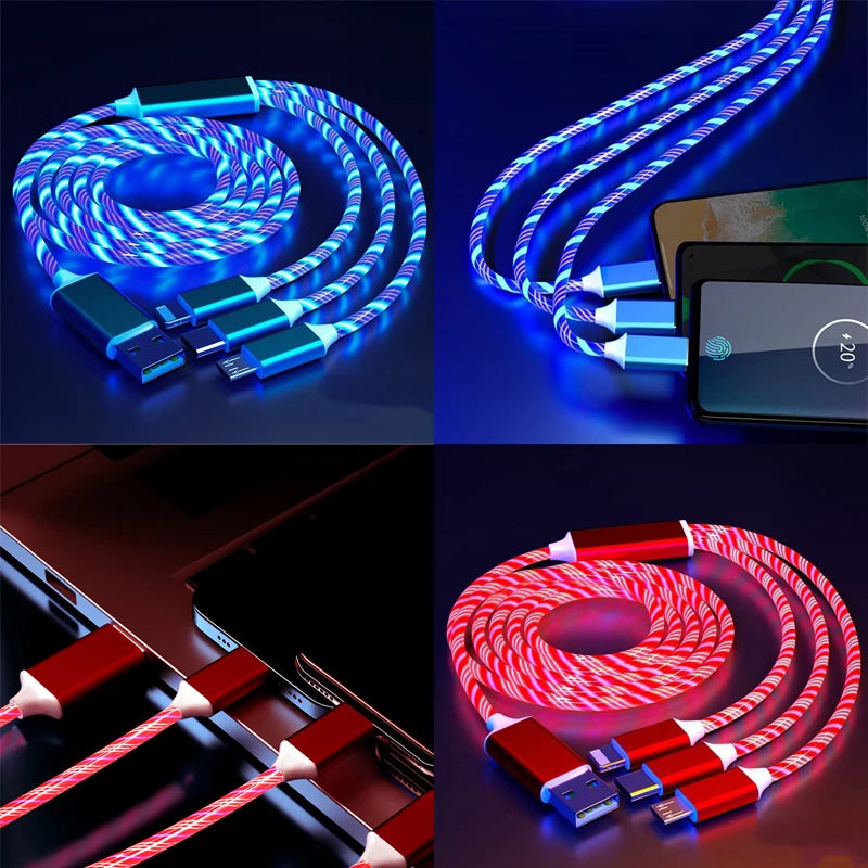 3-in-1 LED Magnet-Ladekabel – Fließendes Lichtdesign, Schnellladung für USB-C, Micro-USB und iPhone