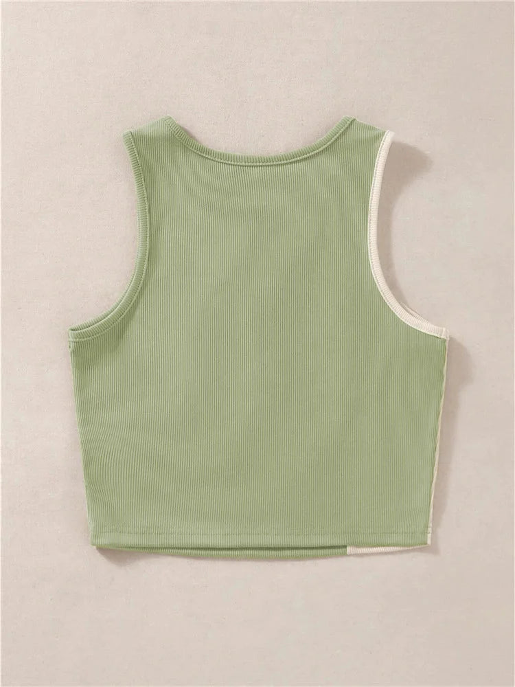 Y2K Damen Color Block Rib Strick Tank Top – Lässiges ärmelloses Patchwork Crop Top im Grunge-Stil mit O-Ausschnitt, Streetwear für den Sommer
