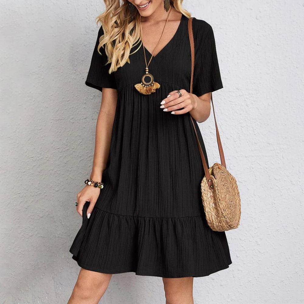Damen Sommer Mini-Kleid mit Kurzarm: Lässiger V-Ausschnitt, Vintage-Look, locker sitzendes Kleid