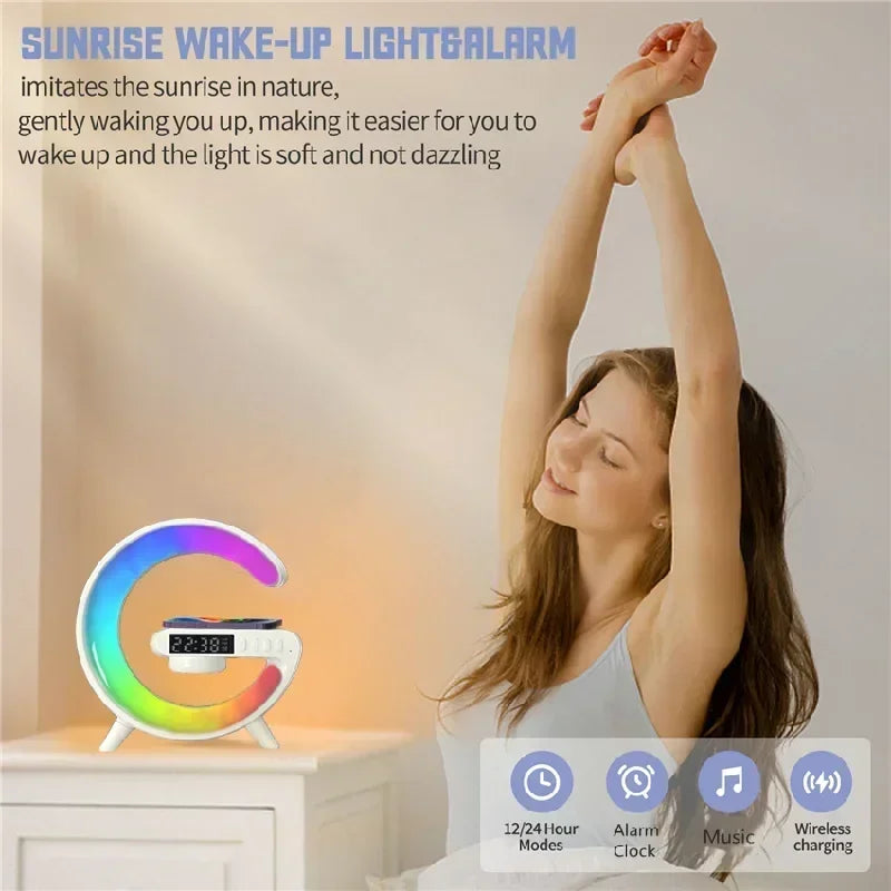 3-in-1 Kabellose Schnellladestation mit RGB-Licht, Bluetooth-Lautsprecher und Alarmfunktion – Perfekt für iPhone, Samsung, Xiaomi und Mehr