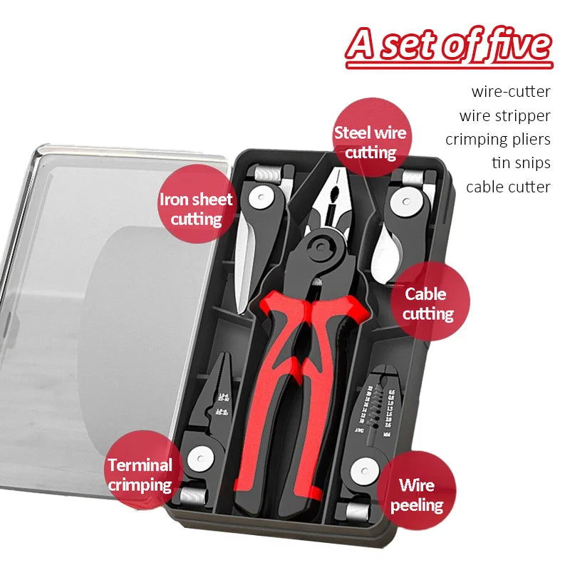 DELIXI Multifunktionszangen-Set 5-in-1 – Interchangeable Plier Heads für Draht, Kabel, Abisolieren, Crimpen & Klemmen, Profi-Werkzeug für Elektrik & Handwerk