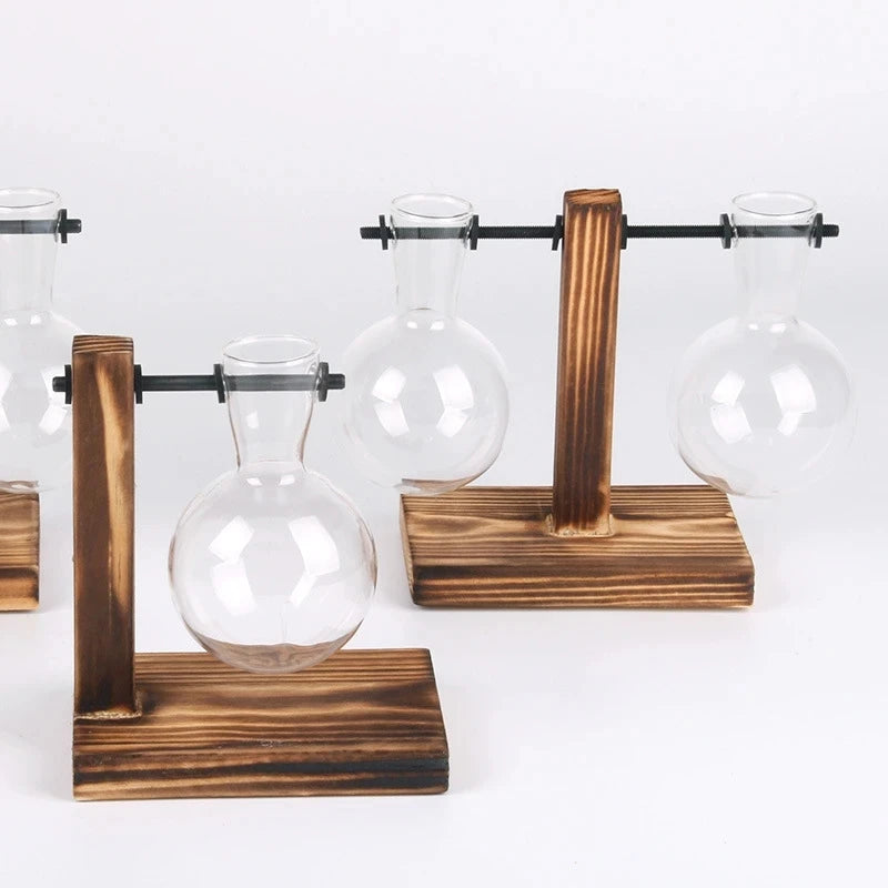 Tischdekoration Glasvase mit Holzrahmen für Terrarium Hydrokulturpflanzen - Vintage-Flumentopf für Zuhause und Bonsai-Dekor