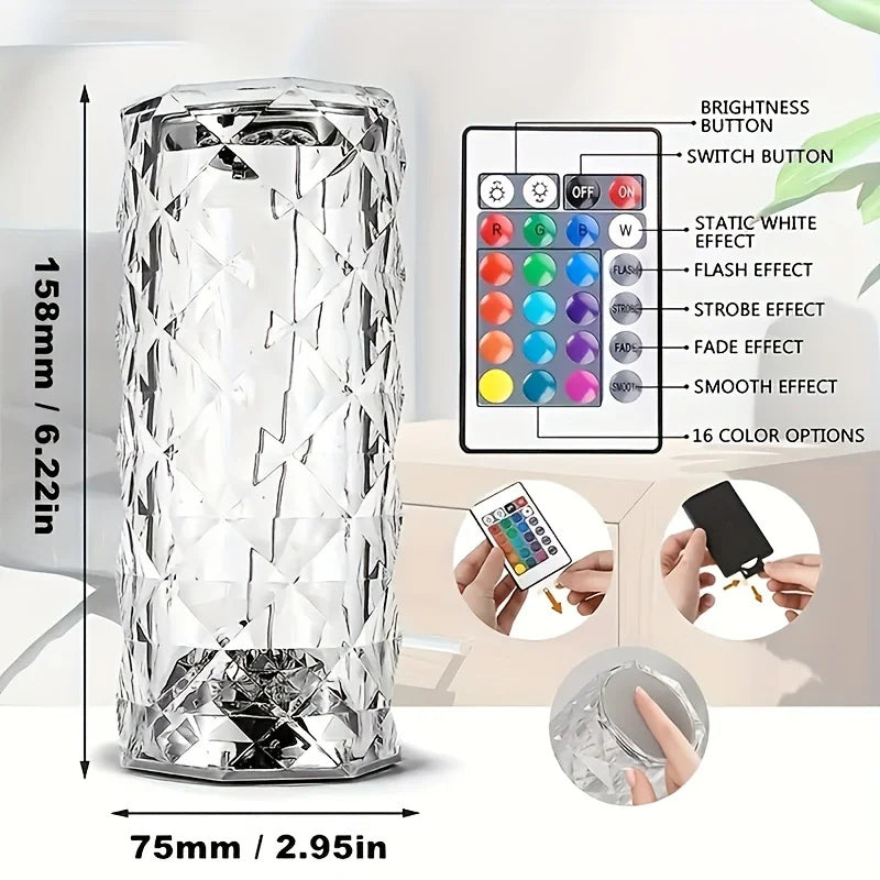LED Kristalllampe mit 16-Farben-Wechsel - Touch Nachtlicht, USB, Romantische Rosen-Tischlampe für Schlafzimmer, Party und Abendessen Dekoration