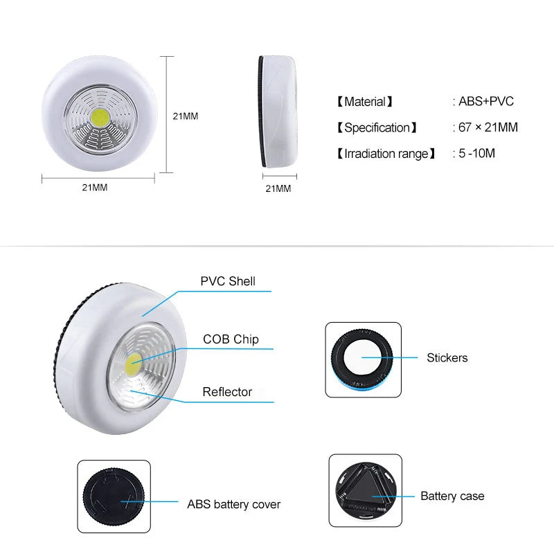 3W Kabellose COB-LED-Nachtlampe - AAA-Batteriebetriebene LED-Leuchte für Kleiderschränke, Unterbau-Nachtlicht, Einfach zu befestigen