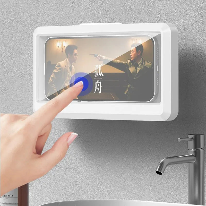 Wasserdichter Handyhalter für das Badezimmer – Selbstklebende Wandhalterung mit Touchscreen, Duschabdeckung und versiegeltem Aufbewahrungskasten für das Smartphone