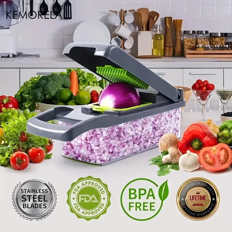 16-in-1 Multifunktionaler Gemüseschneider – Kompletter Küchenhelfer für Gemüse- und Obstschnitten, Zwiebelhobel, Reibe und Slicer, Ideal zum Schneiden,