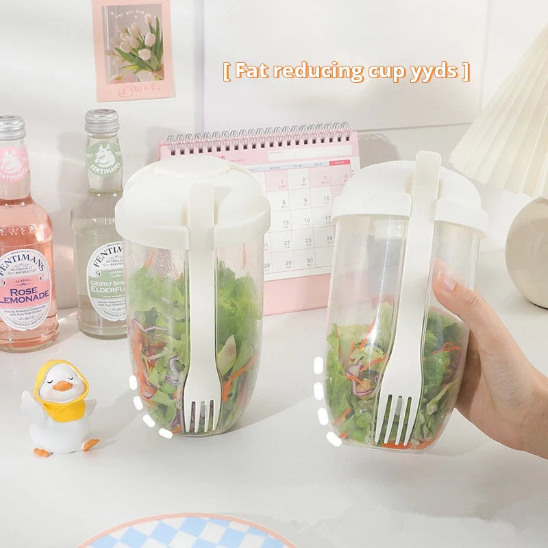 Tragbarer Salatbehälter in Weiß/Grün – Flaschenförmige Bento-Box für Salate, inklusive Gabel, für Mittagessen und unterwegs, Praktische Lunchbox für frische Mahlzeiten, Moderner Salatbecher