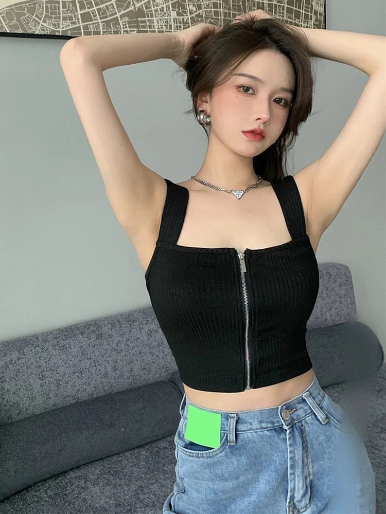 Y2K Damen Top – Gestricktes Tanktop mit Reißverschluss, ärmelloses Crop Top für den Sommer