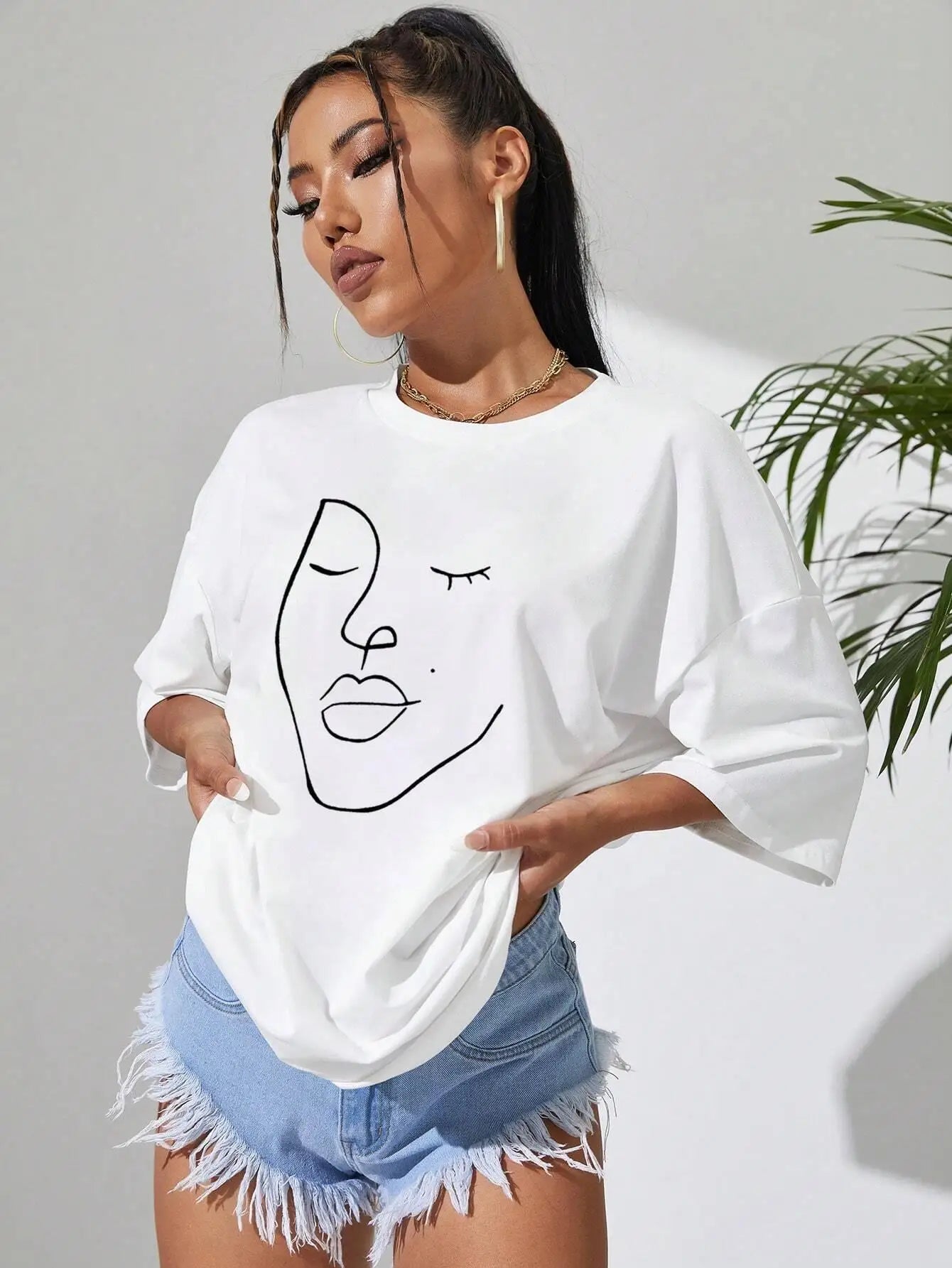 Schlichte Linienmuster Damen T-Shirt mit Gesichtsdruck – Weiche Baumwolle, lockere Passform, kurzärmelig, lässige und bequeme Kleidung