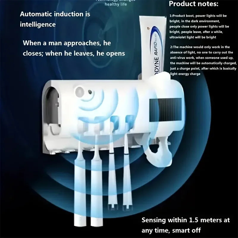 Multifunktionaler Zahnbürstenhalter mit Induktions-UV-Sterilisation und automatischem Zahnpasta-Spender, geeignet für 4 elektrische Zahnbürsten