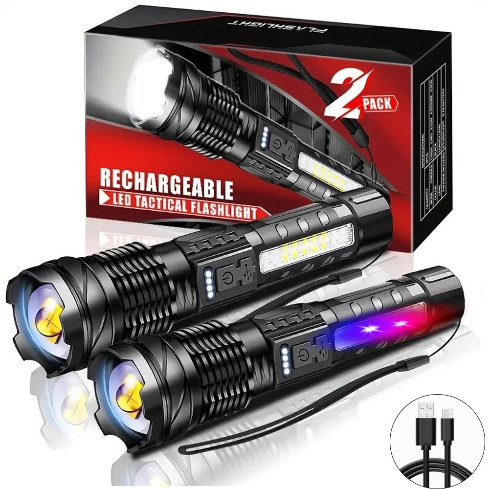 Leistungsstarke XHP50 LED Taschenlampe – Wasserdicht, Wiederaufladbar, 7 Modi, Seitlich Licht, Zoom-Funktion, Ideal für Camping und Angeln