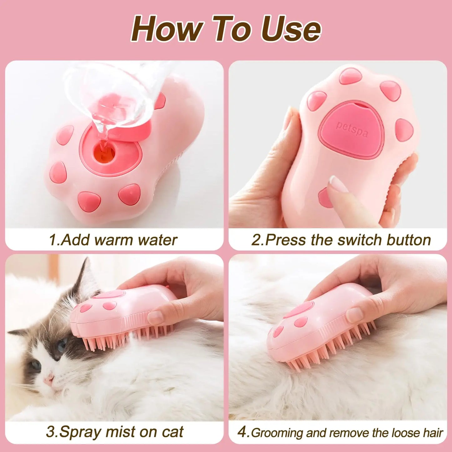 3-in-1 Pet Brush – Dampf-Kamm, Elektrischer Sprühkamm, Massage- und Haarentfernungskamm für die Haustierpflege von Katzen und Hunden