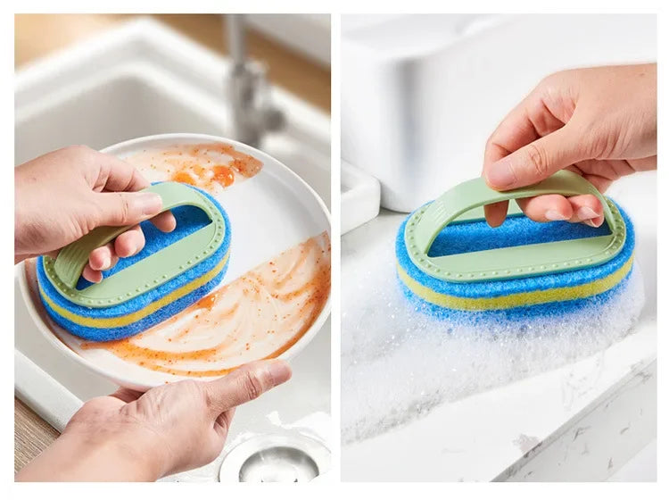 Schwammreinigungsbürste mit Griff – Verstärkte Fleckenentfernung für Töpfe, Fliesen, Küche, Toilette und Badezimmer, Bequem und Effektiv