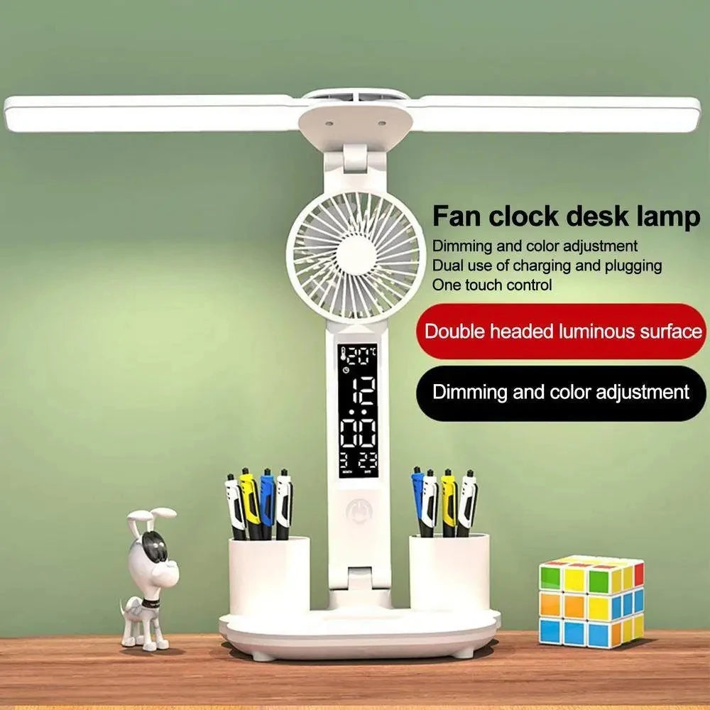 3-in-1 Wiederaufladbare Tischlampe – LED Leselampe mit Ventilator und digitaler Uhranzeige, Perfekt für Studenten unf Office