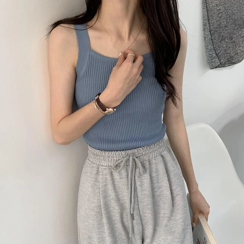 Niedliche Damen Casual Crop Tops – Strapy Einfarbige Camisoles und Tank Tops im Koreanischen Stil