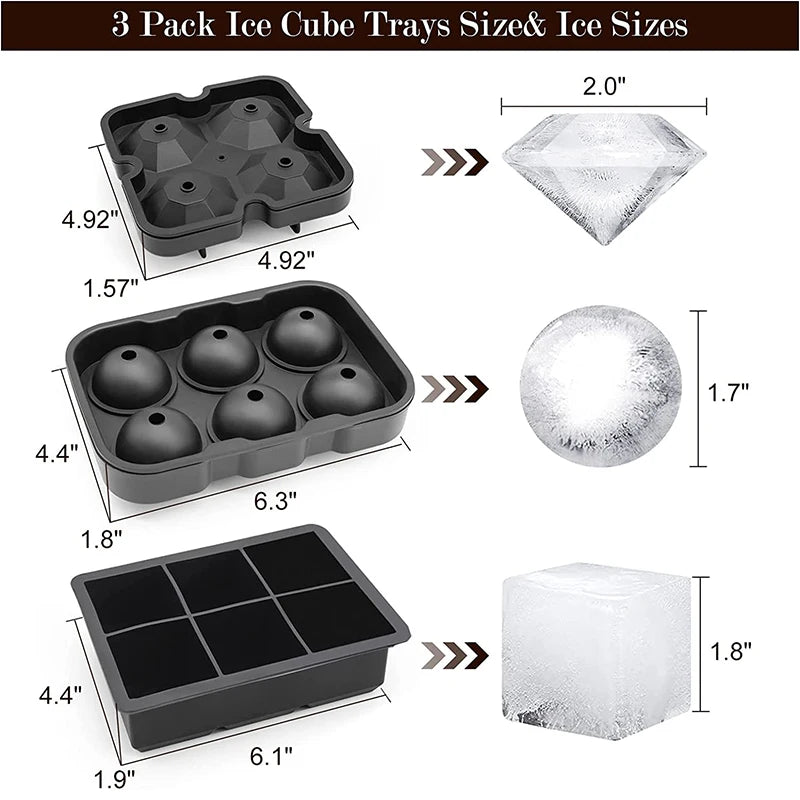 Extra Große Silikon-Eiswürfelschalen mit Deckel – Wiederverwendbare Eiswürfelformen für den Gefrierschrank, inklusive Formen für Whisky-Eiswürfel, Diamant-Eiswürfel und runde Kugeln,