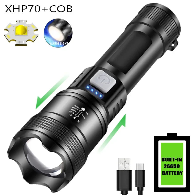 Ultra Helle P70 LED Taschenlampe – 5000 Lumen, Taktische Lampe mit Zoom, Eingebautem 18650 Akku, Perfekt für Notfälle und Outdoor