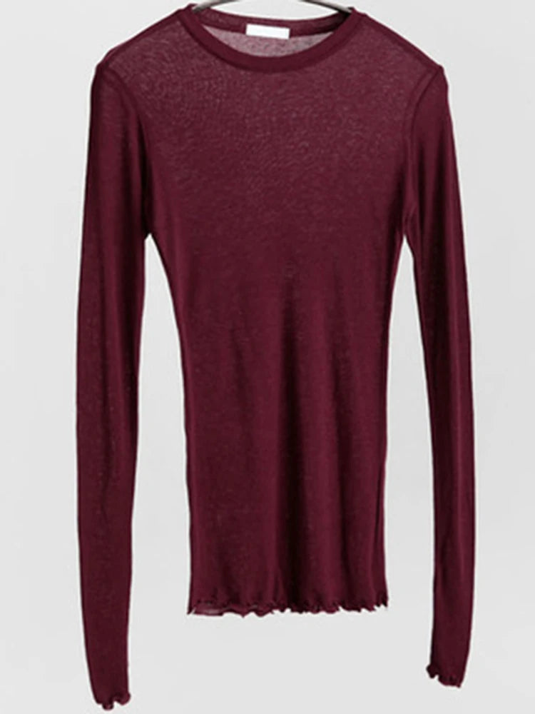Hochwertiges Damen Shirt – Baumwolle, elastisch, schlichtes Design. Casual Longsleeve für einen sexy, durchsichtigen Look. Ideal als Basic-Bekleidung