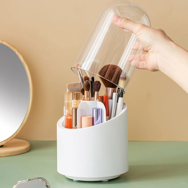 Rotierender Make-up-Pinsel-Organizer – Tragbare, multifunktionale, staubdichte Aufbewahrungsbox für Lippenstift, Lidschatten und Kosmetik
