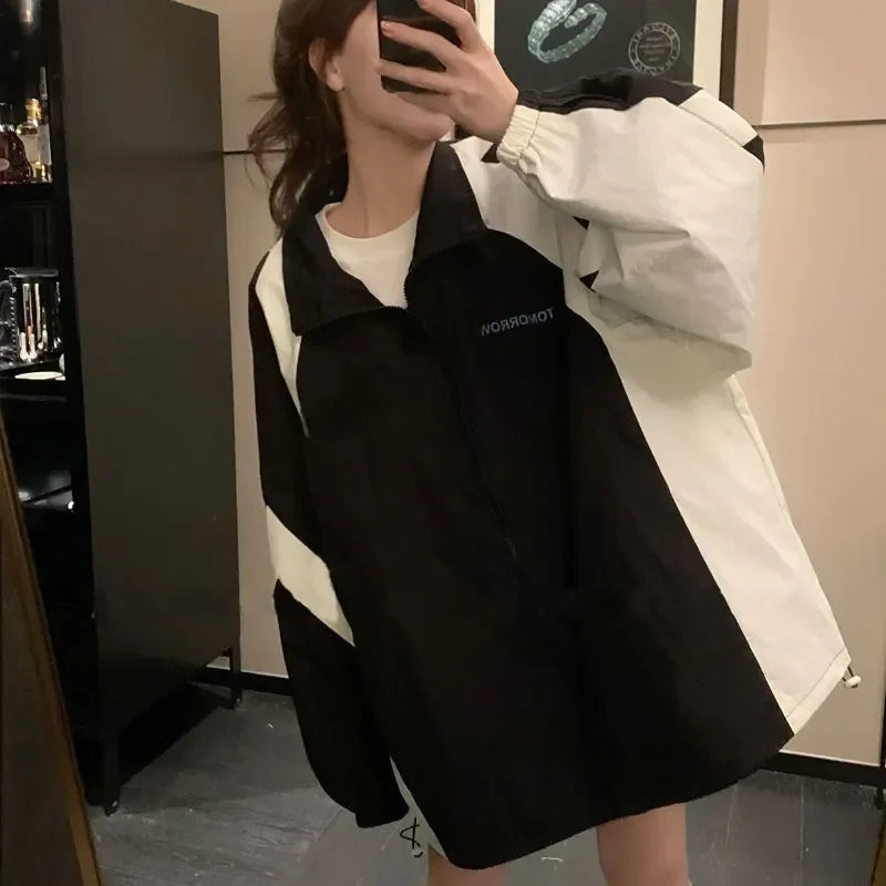 Deeptown Harajuku Zipper College Jacke für Frauen – Oversized Streetwear im Japanischen Stil, Leichte Sonnenjacke