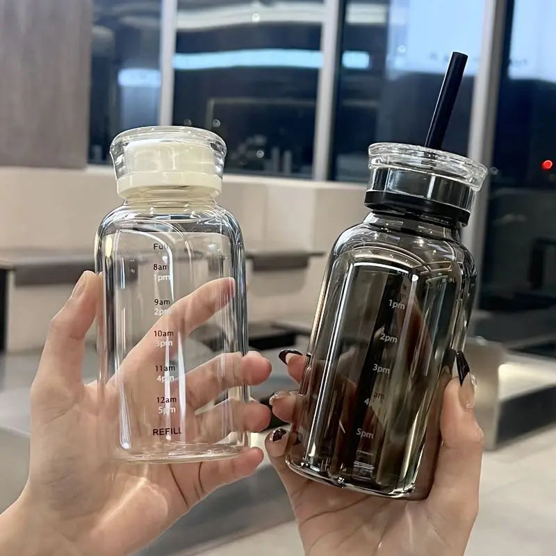 Glas-Trinkflasche mit Zeitmarkierung: Milch-, Saft-, Kaffee-Glasbecher mit Deckel und Strohhalm, auslaufsicherer Trinkbecher für unterwegs