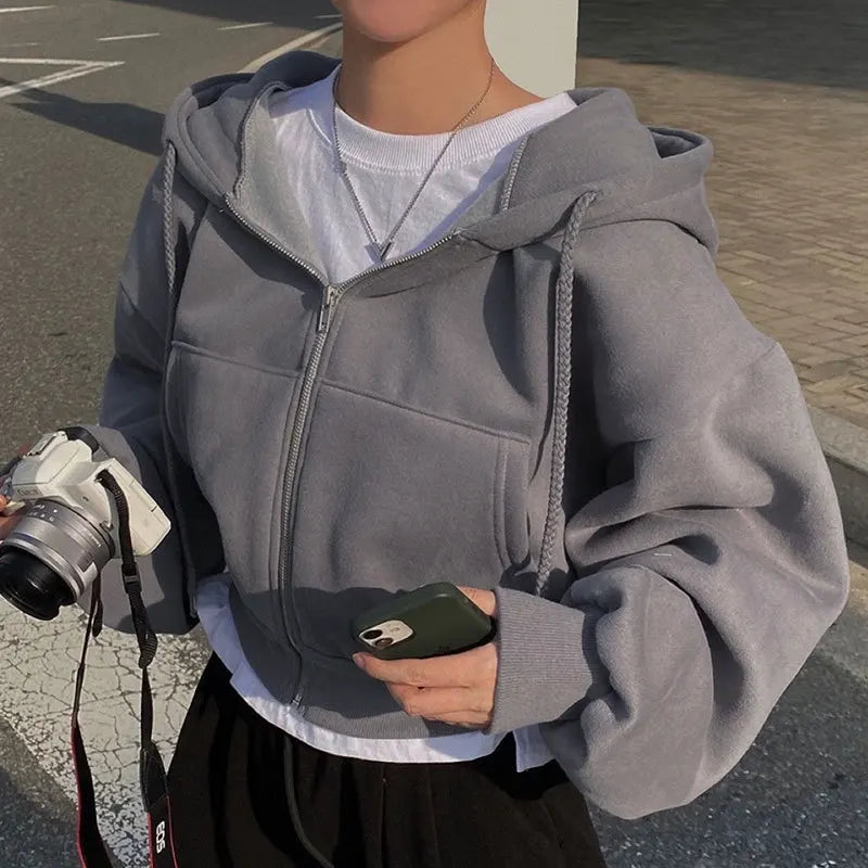 Koreanischer Style: Lässiger Y2K Reißverschluss-Hoodie für Frauen – Einfarbiges, loses Zip-up Sweatshirt