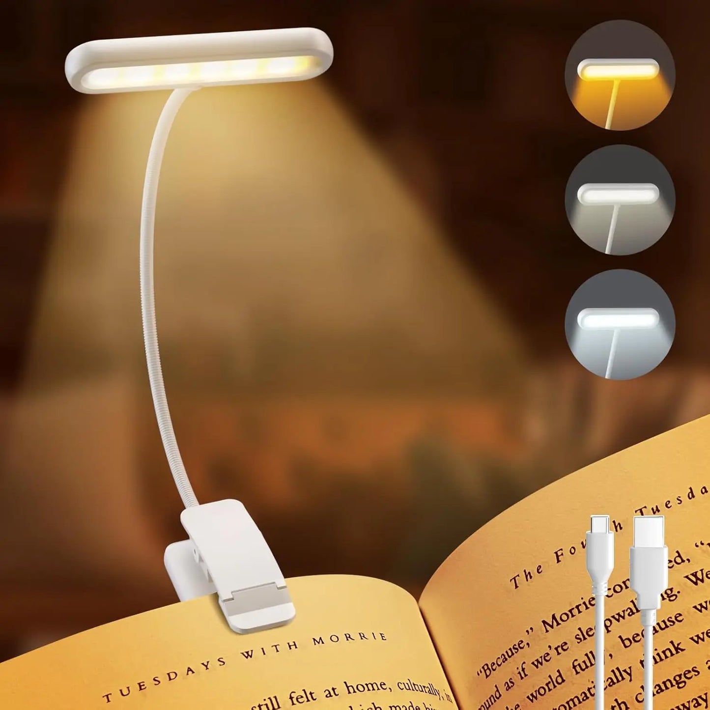 Gritin LED Leselampe 14 LEDs – USB aufladbar, Warm-/Kaltlicht & Tageslichtmodus, Flexibel & leicht anzubringen, Perfekt für Bücher & Nachttisch
