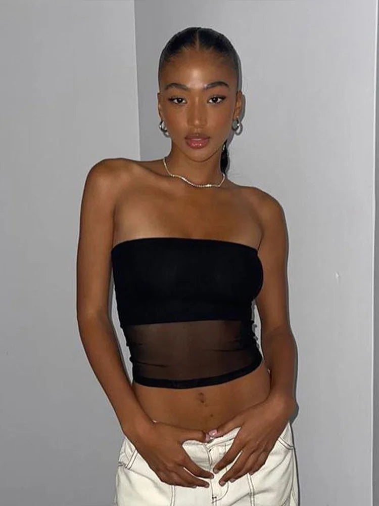 Frauen Crop Top aus Mesh – Schwarzes Corset mit Patchwork-Design, Strapless, Off-Shoulder und Slim Fit für Sommer und Streetwear