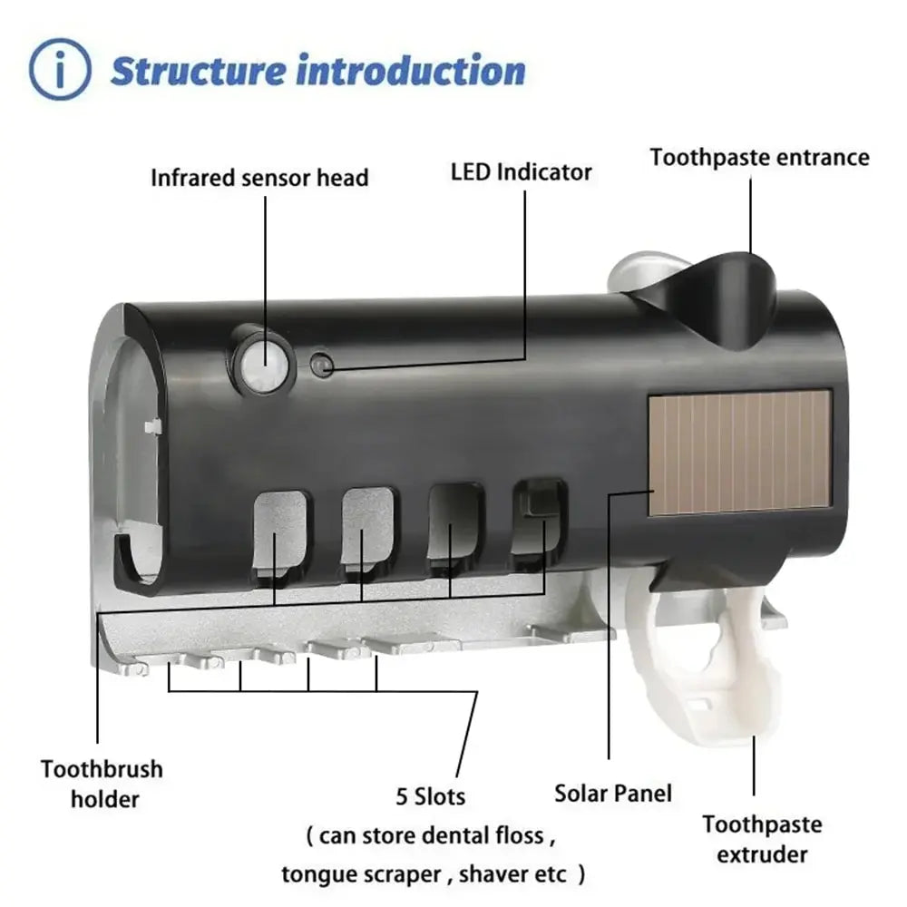 Zahnbürstenhalter mit Solar-UV-Licht zur Zahnbürstensterilisation und automatischem Zahnpastaspender für das Bad, Automatischer Zahnbürstenhaltefür das Bad