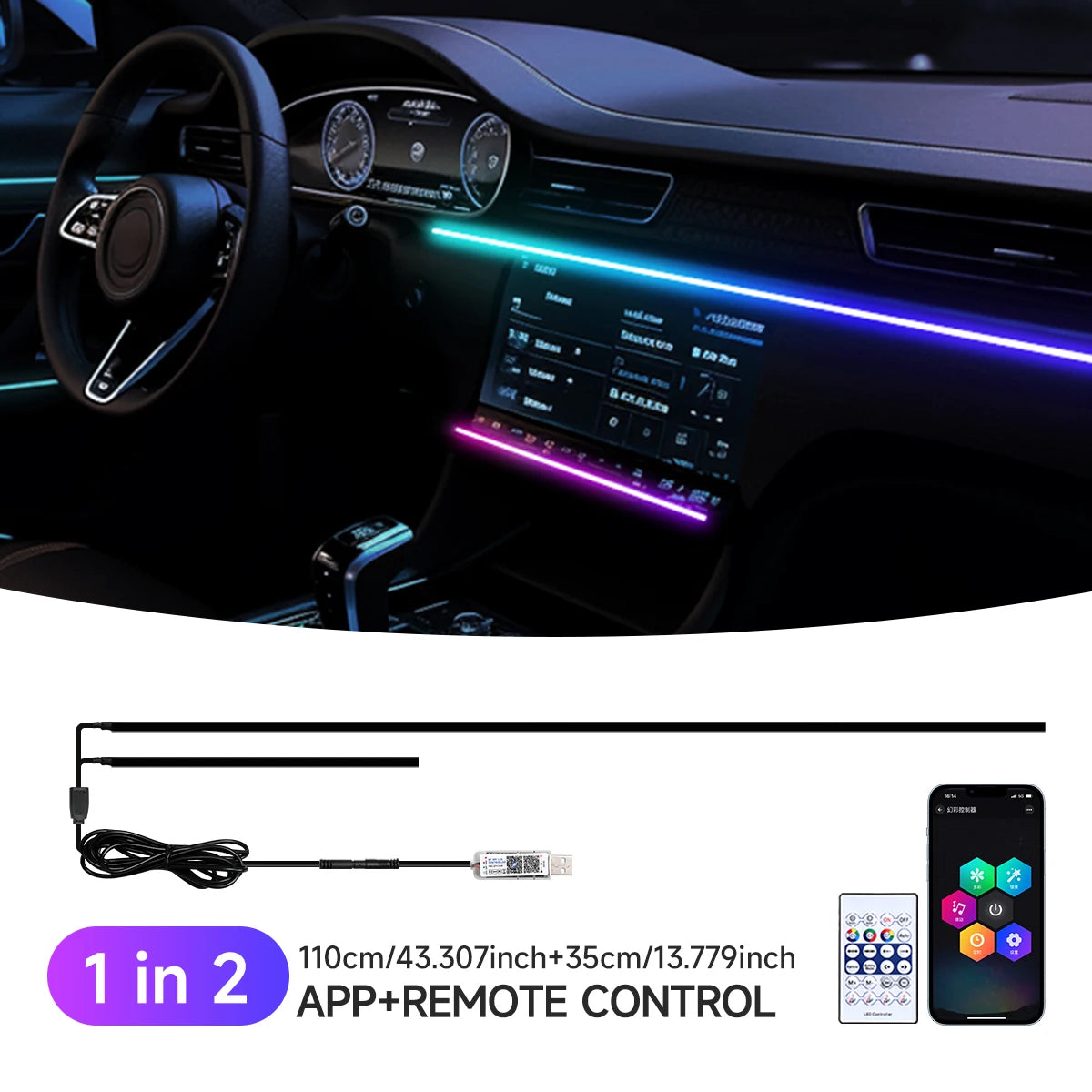 Auto-Ambiente-Lampe mit RGB-Symphonie – USB-geladen, für stilvolle Beleuchtung und App-Musiksteuerung