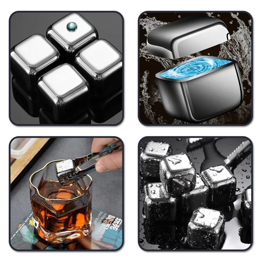 6 Stück Edelstahl-Eiswürfel-Set für Getränke – Mit Silikonabdeckung, Zange und Silikon-Eiswürfelformen – Wiederverwendbar, ideal für das Kühlen von Whiskey und Cocktails ohne Verdünnung