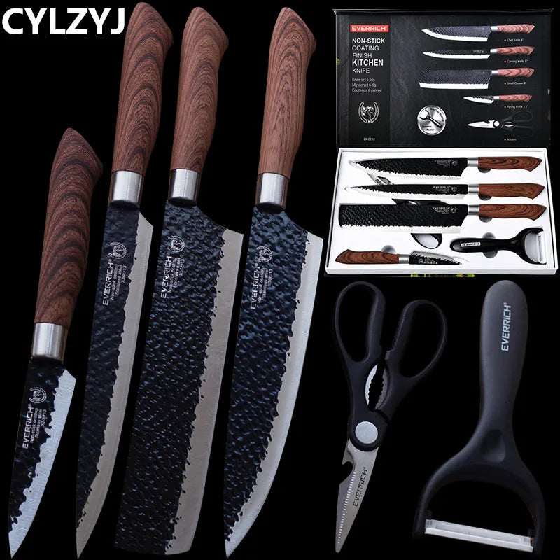 Edelstahl-Küchenmesser-Set: Geschmiedete Küchenmesser, Schere, Keramikschäler, Chefmesser, Schneidmesser, Nakiri, Schälmesser