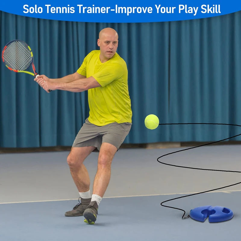 Professioneller Tennis-Trainer mit schwerer Basis und elastischem Seil für intensives Rebound-Training allein oder mit Trainingspartner, Selbstständiger Tennistrainer für zu Hause