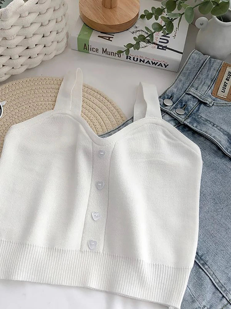 Niedliche Gestrickte Weiche Strand Outwear Tanktops für Frauen - Crop Tops mit Knöpfen für den Sommer