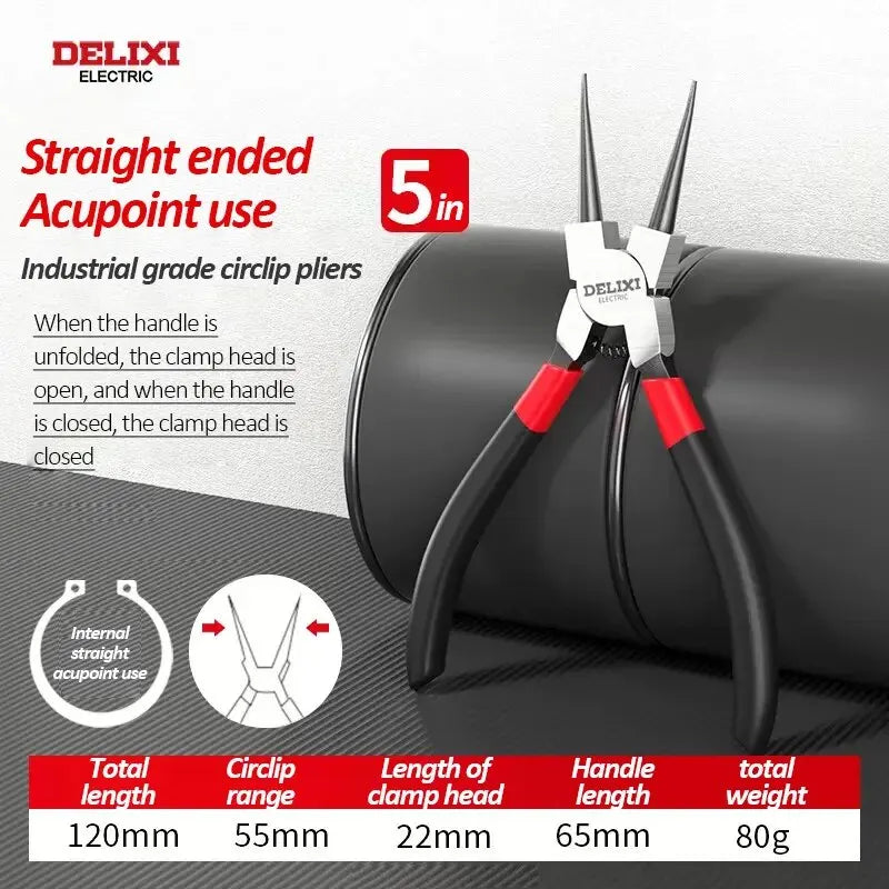 DELIXI Seegerringzange 5 Zoll – Circlip Pliers & Spitzzange, Retaining Ring Zange für Montage & Demontage von Sicherungsringen, Wellen & Lagern