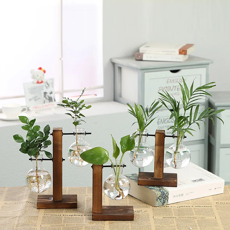 Tischdekoration Glasvase mit Holzrahmen für Terrarium Hydrokulturpflanzen - Vintage-Flumentopf für Zuhause und Bonsai-Dekor