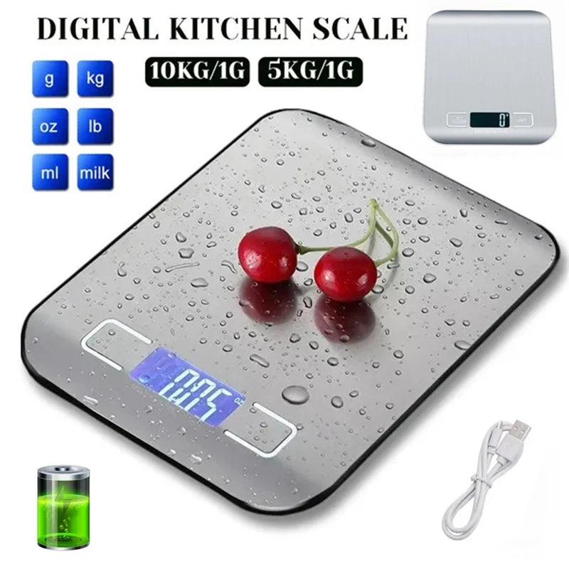 Digitale Küchenwaage aus Edelstahl: 5 kg/10 kg Kapazität, USB-Ladefunktion, präzise Messungen, tragbar, multifunktionales LCD-Display