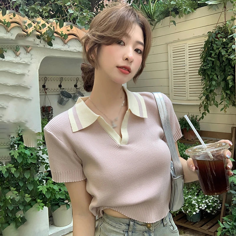 Frühlings- und Sommermode für Damen – Vielseitiges T-Shirt mit Turndown-Kragen, Kurzärmlig, Kontrastfarben, Lässig, All-Match Innenbekleidung