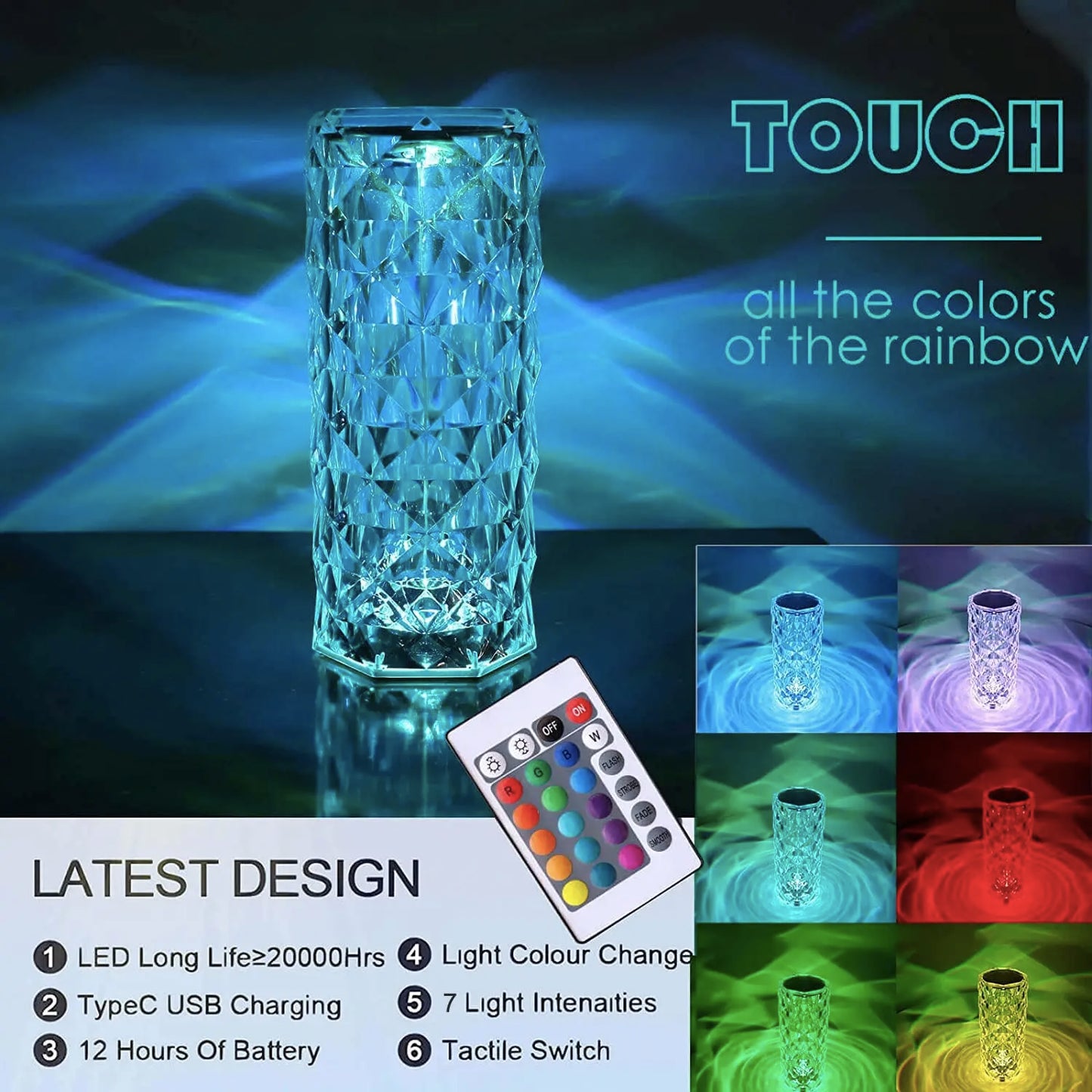 16-Farben-Kristall-LED-Nachtlicht mit wiederaufladbarem Akku - Kristall-Touch-Tischlampe für Schlafzimmer-Nachttisch und Weihnachtsdekoration