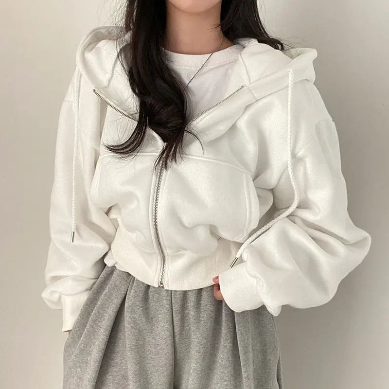 Koreanischer Style: Lässiger Y2K Reißverschluss-Hoodie für Frauen – Einfarbiges, loses Zip-up Sweatshirt