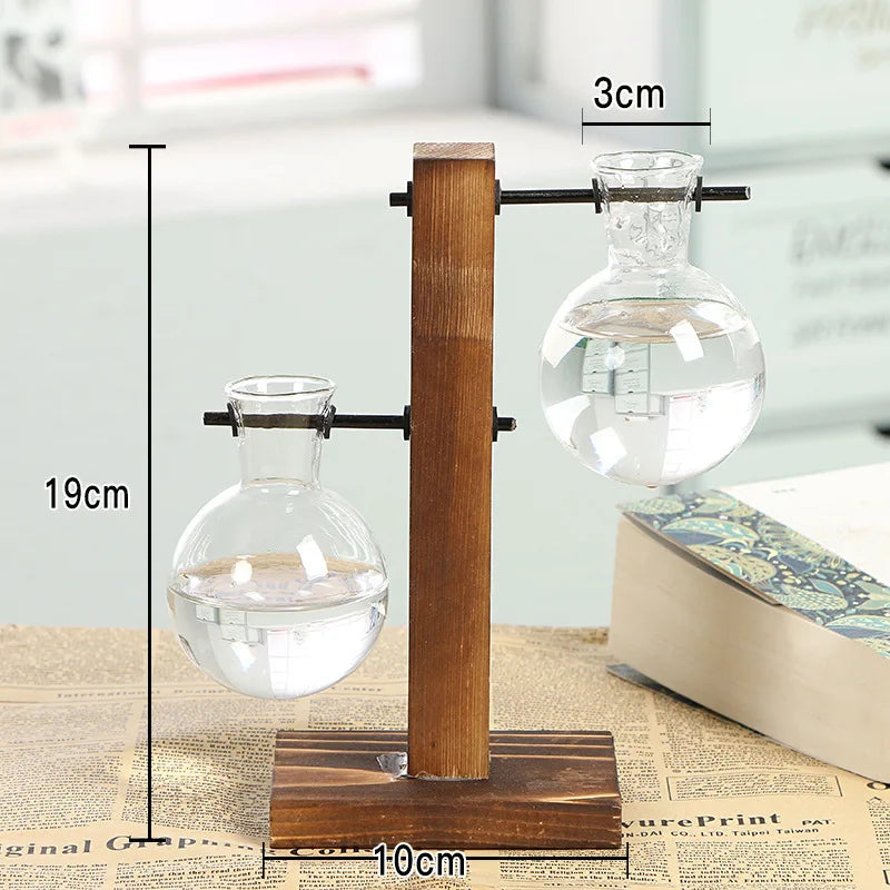 Tischdekoration Glasvase mit Holzrahmen für Terrarium Hydrokulturpflanzen - Vintage-Flumentopf für Zuhause und Bonsai-Dekor