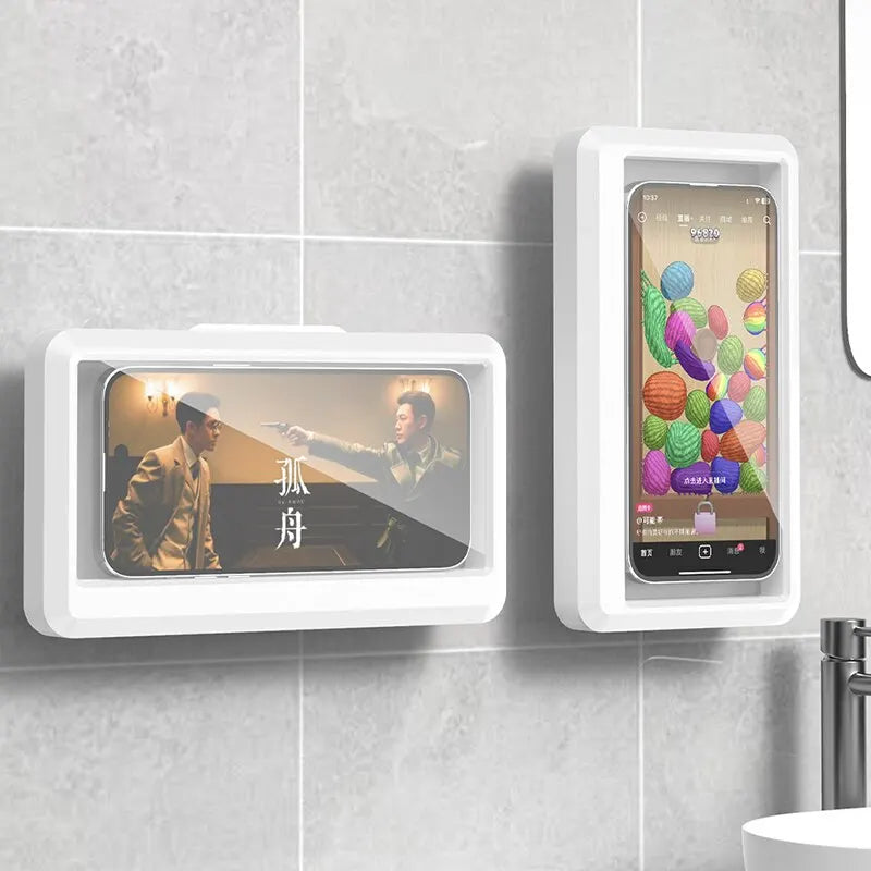 Wasserdichter Handyhalter für das Badezimmer – Selbstklebende Wandhalterung mit Touchscreen, Duschabdeckung und versiegeltem Aufbewahrungskasten für das Smartphone
