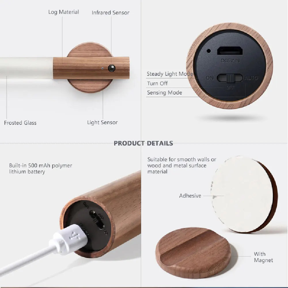 Holz-Fackel-LED USB Nachtlampe – Magnetische Wandleuchte für Küche, Kleiderschrank, Treppe, Schlafzimmer und Nachttischbeleuchtung