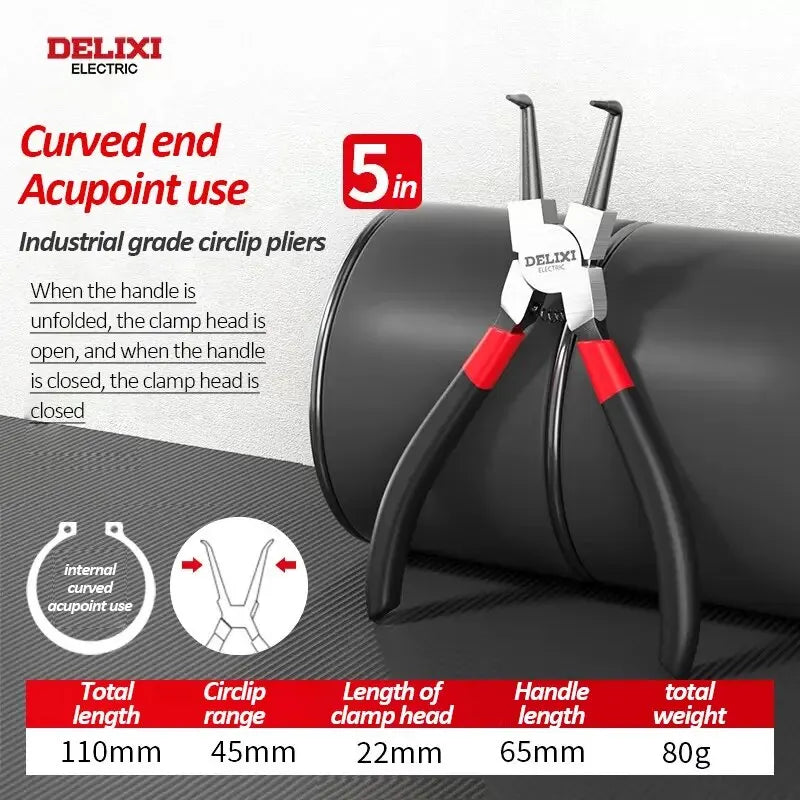 DELIXI Seegerringzange 5 Zoll – Circlip Pliers & Spitzzange, Retaining Ring Zange für Montage & Demontage von Sicherungsringen, Wellen & Lagern
